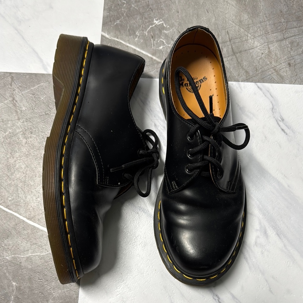 Dr. Martens Black Leather Oxfords with Yellow Stitching